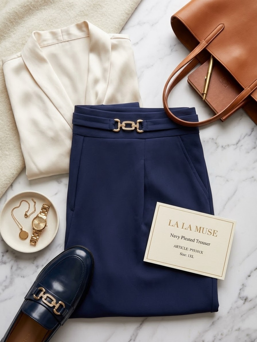 Navy Wide-Leg Trousers with Gold Buckle